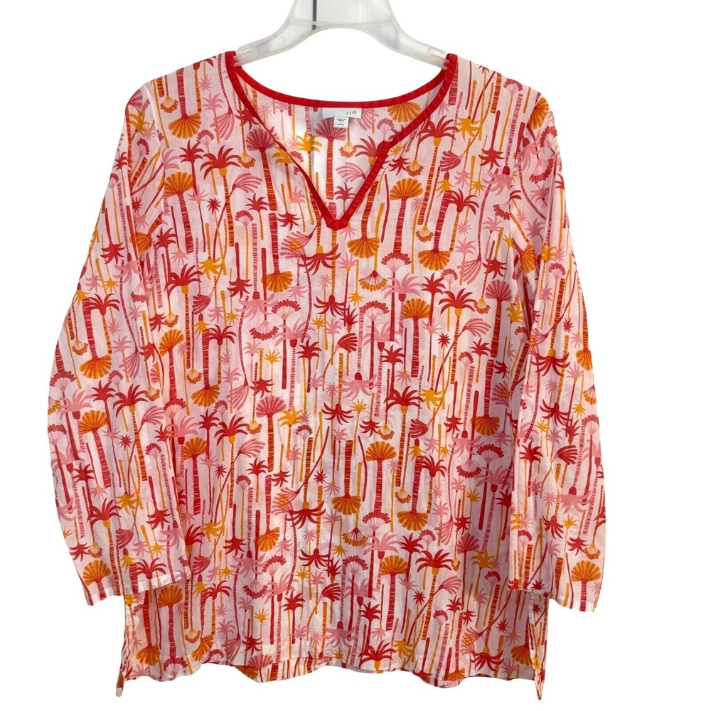 J Jill Palm Tree Print Tunic Blouse Large Petite Cotton Beachy Coastal Boho‎